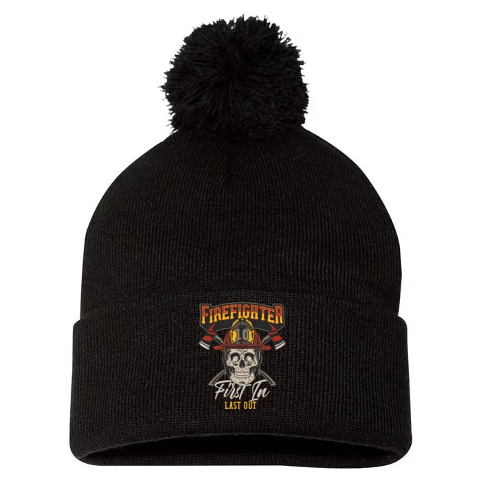 Firefighter First In Last Out Pom Pom 12in Knit Beanie