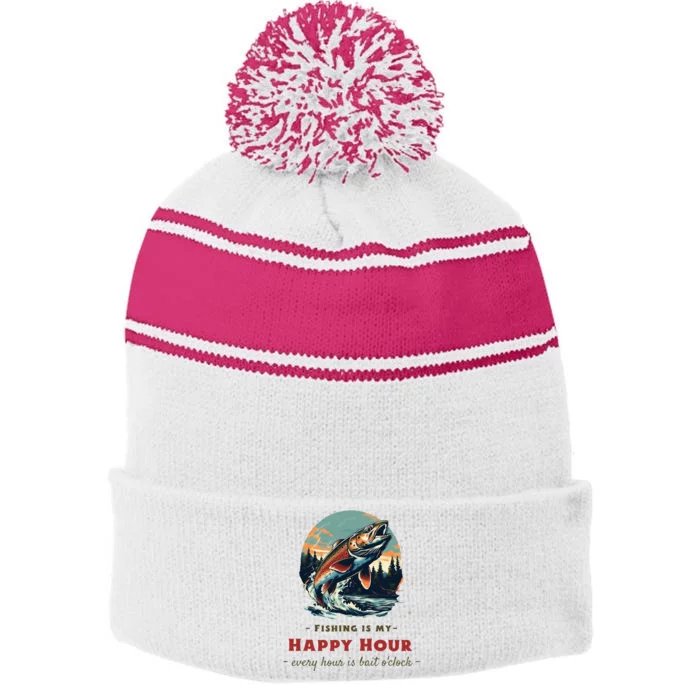 Funny Fishing Is My Happy Hour Stripe Pom Pom Beanie