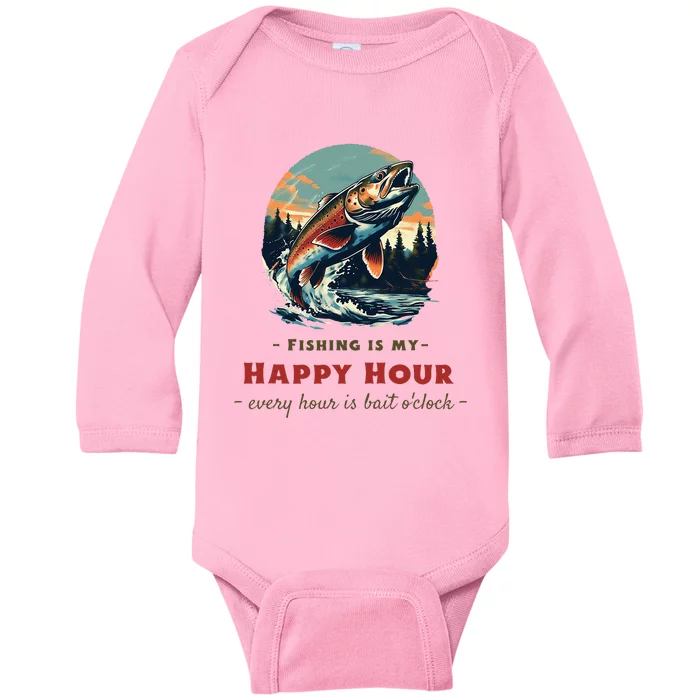 Funny Fishing Is My Happy Hour Baby Long Sleeve Bodysuit