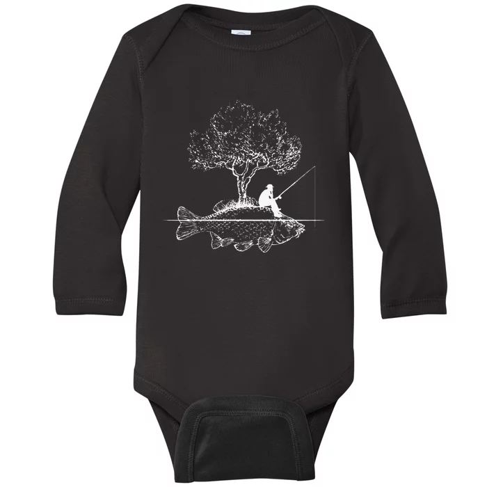 Fishing Fish Island Art Surreal Funny Carp Fisherman Gift Baby Long Sleeve Bodysuit