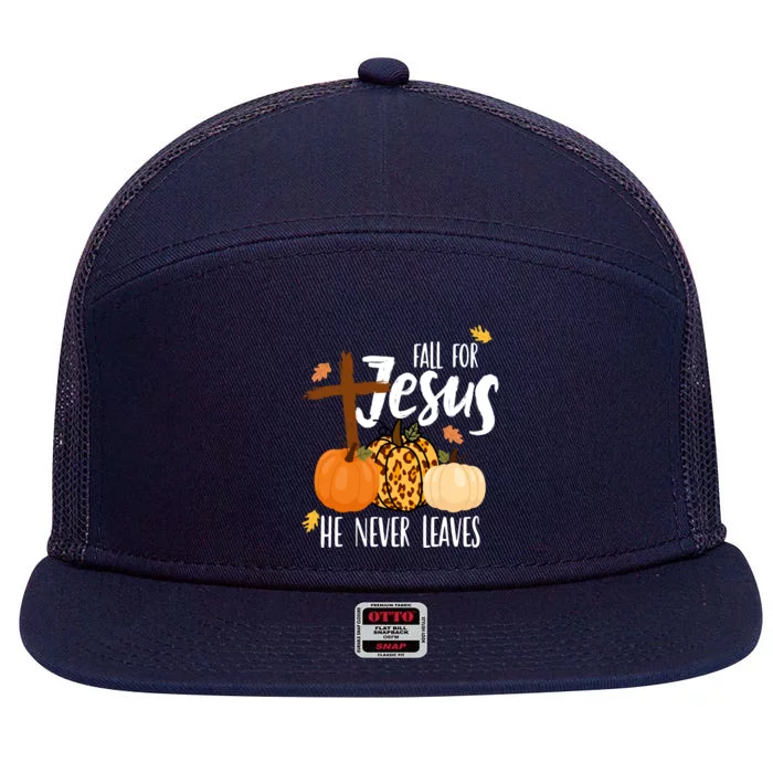 Fall For Jesus He Never Leaves Cross Pumpkin 7 Panel Mesh Trucker Snapback Hat