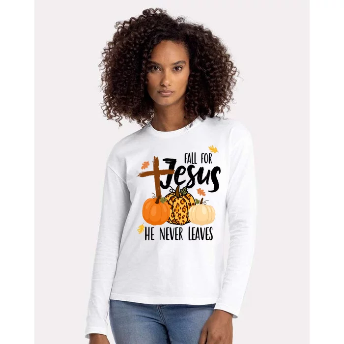 Fall For Jesus He Never Leaves Cross Pumpkin Womens Cotton Relaxed Long Sleeve T-Shirt