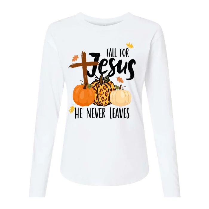 Fall For Jesus He Never Leaves Cross Pumpkin Womens Cotton Relaxed Long Sleeve T-Shirt