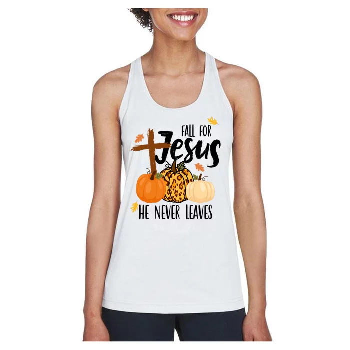 Fall For Jesus He Never Leaves Cross Pumpkin Women's Racerback Tank