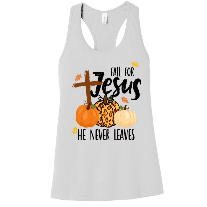 Fall For Jesus He Never Leaves Cross Pumpkin Women's Racerback Tank