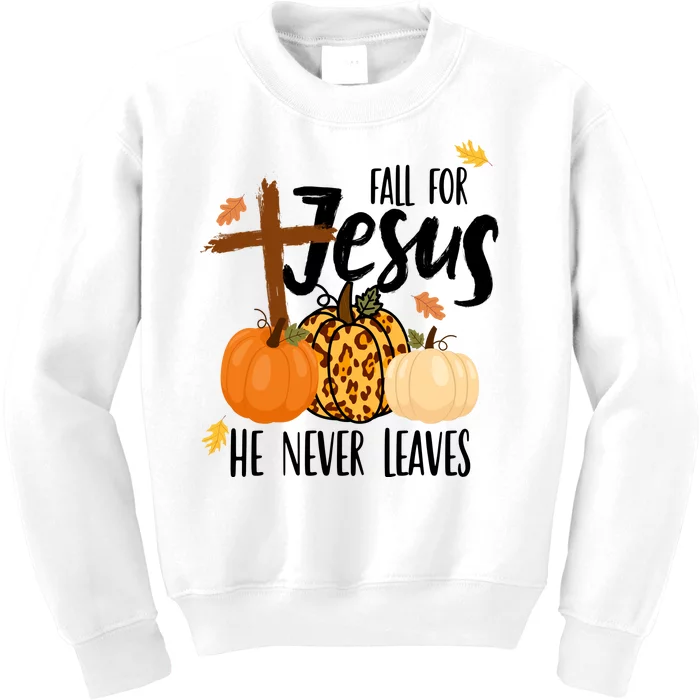 Fall For Jesus He Never Leaves Cross Pumpkin Kids Sweatshirt