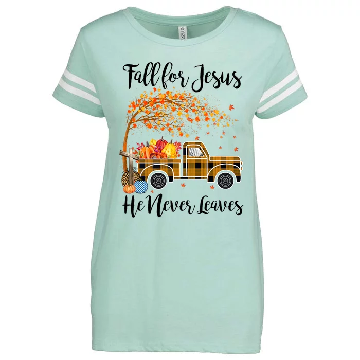 Fall For Jesus He Never Leaves Thanksgiving Gifts Enza Ladies Jersey Football T-Shirt