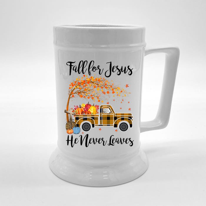 Fall For Jesus He Never Leaves Thanksgiving Gifts Front & Back Beer Stein