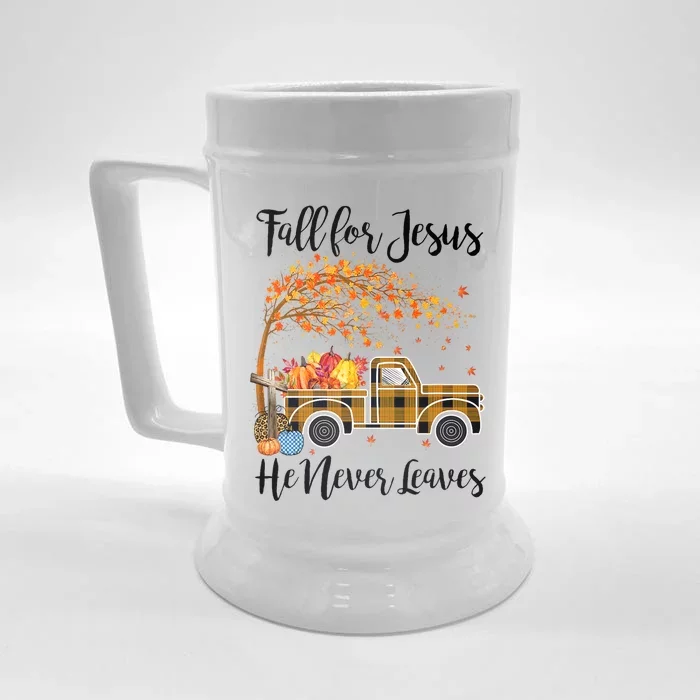 Fall For Jesus He Never Leaves Thanksgiving Gifts Front & Back Beer Stein