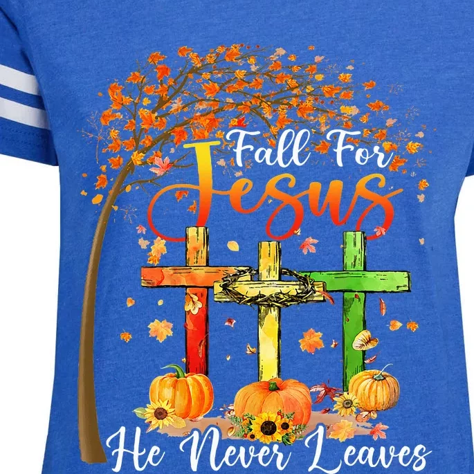 Fall For Jesus He Never Leaves Pumpkin Thanksgiving Enza Ladies Jersey Football T-Shirt