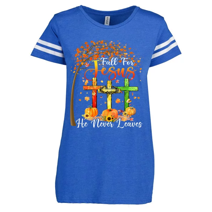 Fall For Jesus He Never Leaves Pumpkin Thanksgiving Enza Ladies Jersey Football T-Shirt