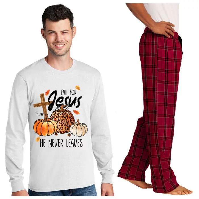 Fall For Jesus He Never Leaves Thanksgiving Autumn Long Sleeve Pajama Set