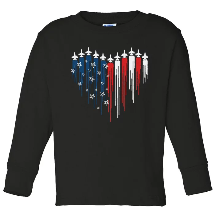 Funny Fighter Jet Airplane American Flag Heart Gift Toddler Long Sleeve Shirt