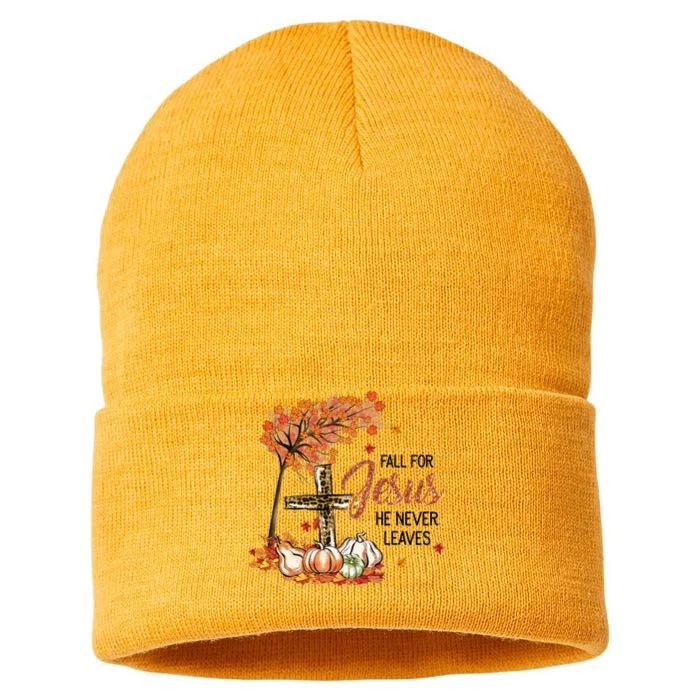 Fall For Jesus He Never Leaves Pumpkin Autumn Thanksgiving Sustainable Knit Beanie