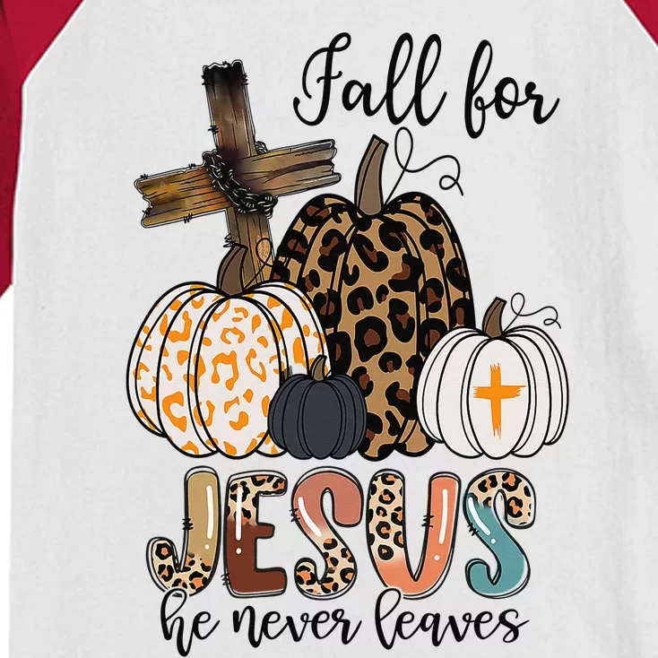 Fall for Jesus He Never Leaves Christian Faith Jesus Autumn Kids Colorblock Raglan Jersey