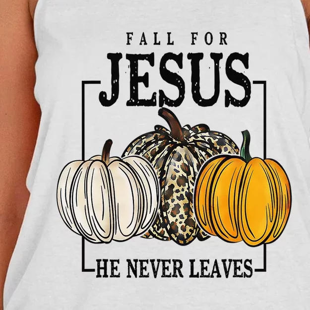 Fall for Jesus He Never Leaves Christian Faith Jesus Autumn Women's Knotted Racerback Tank