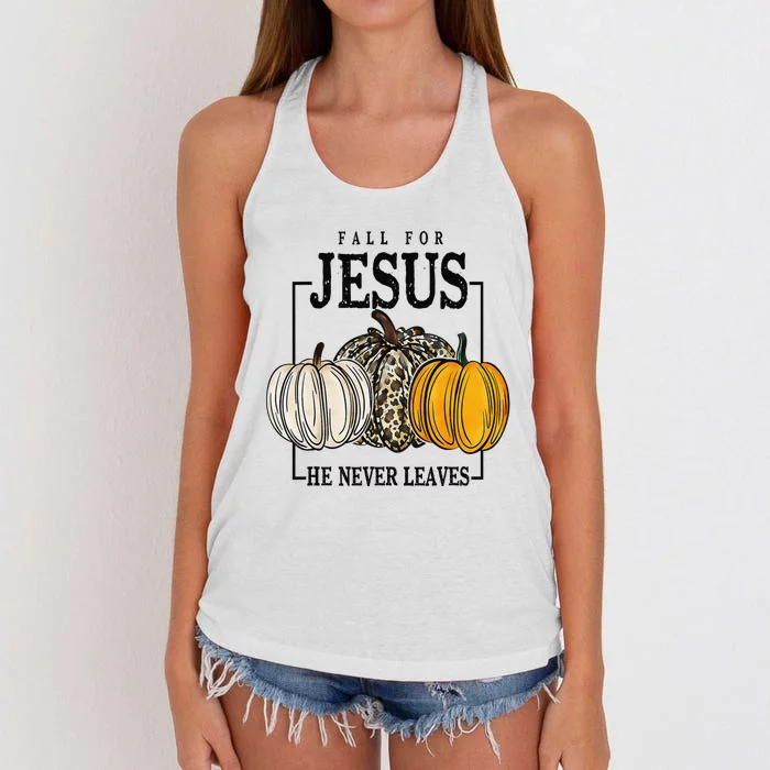 Fall for Jesus He Never Leaves Christian Faith Jesus Autumn Women's Knotted Racerback Tank