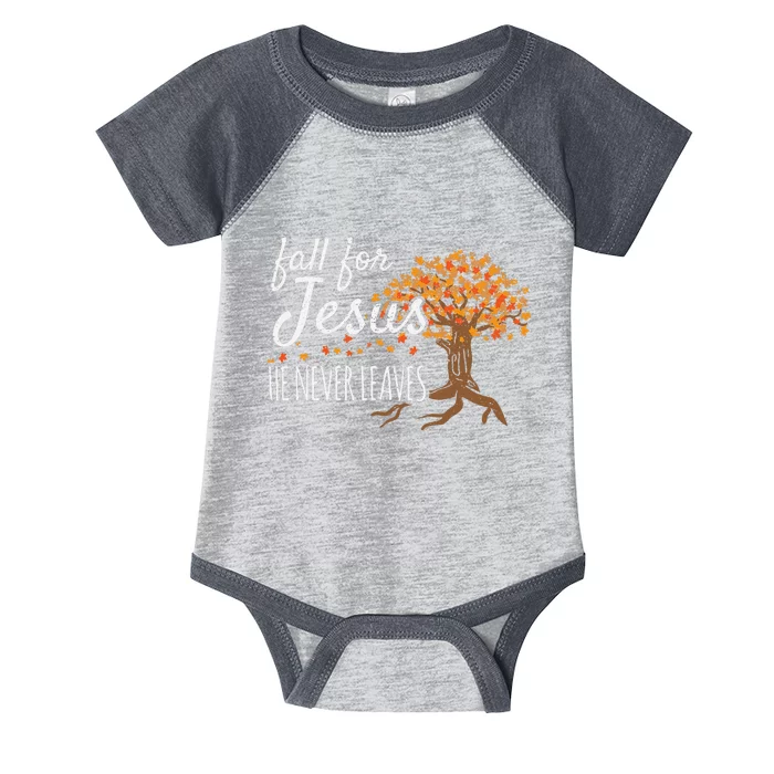 Fall For Jesus He Never Leaves Autumn Christian Infant Baby Jersey Bodysuit