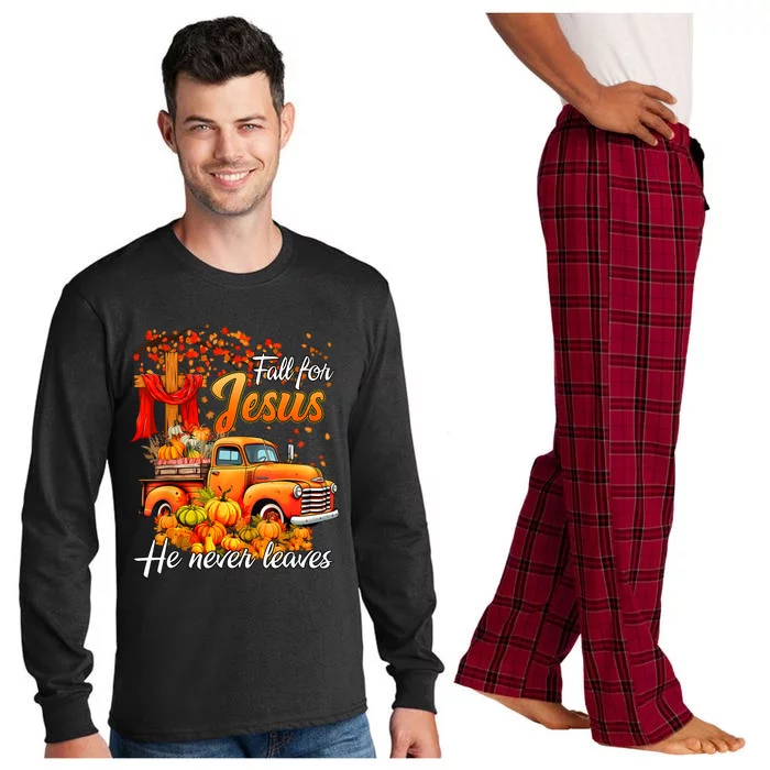 Fall For Jesus He Never Leaves Thanksgiving Christian Autumn Long Sleeve Pajama Set