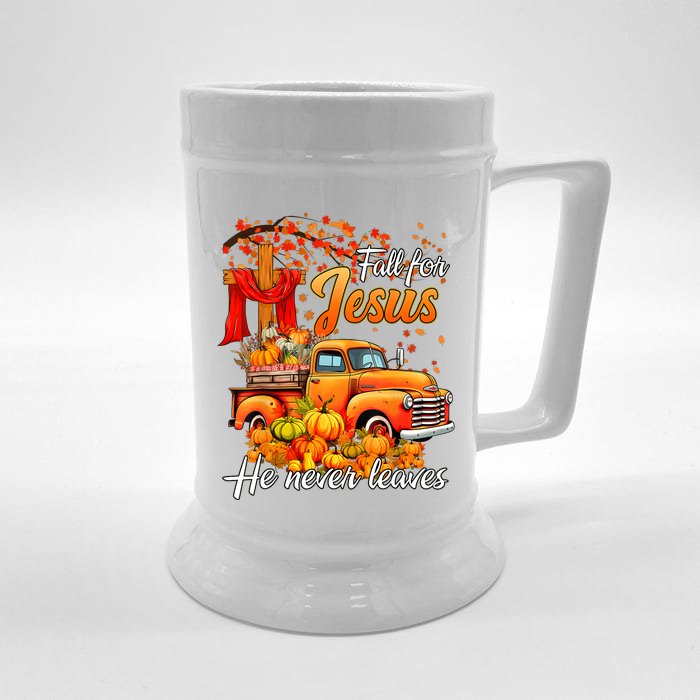 Fall For Jesus He Never Leaves Thanksgiving Christian Autumn Front & Back Beer Stein