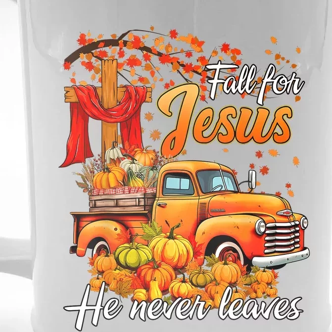 Fall For Jesus He Never Leaves Thanksgiving Christian Autumn Front & Back Beer Stein