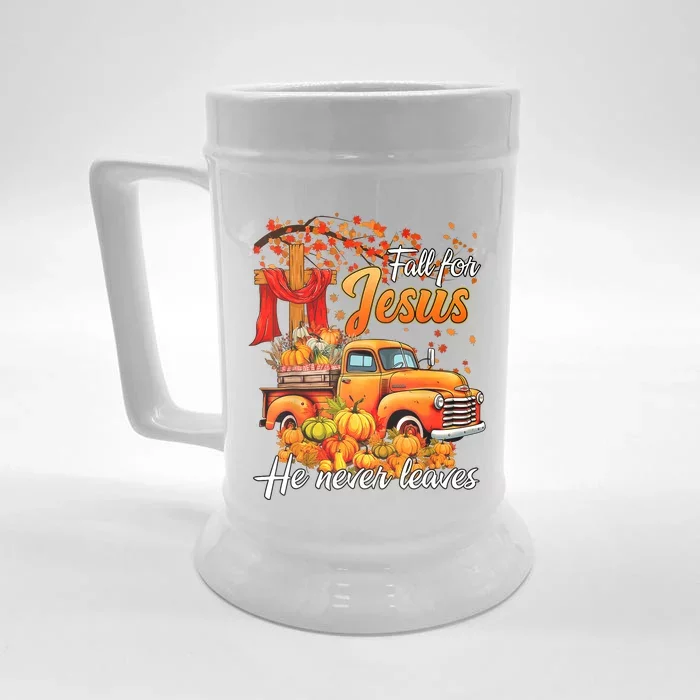 Fall For Jesus He Never Leaves Thanksgiving Christian Autumn Front & Back Beer Stein