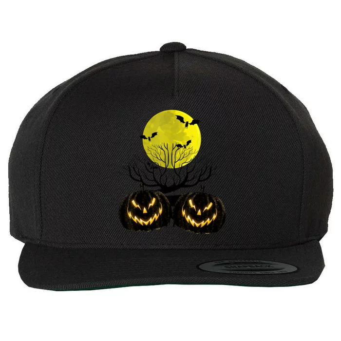 Fanged Fire Jack O Lantern Pumpkin Halloween Premium Wool Snapback Cap