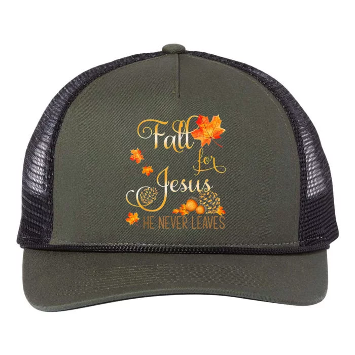 Fall For Jesus He Never Leaves Autumn Christian Prayers Cool Retro Rope Trucker Hat Cap