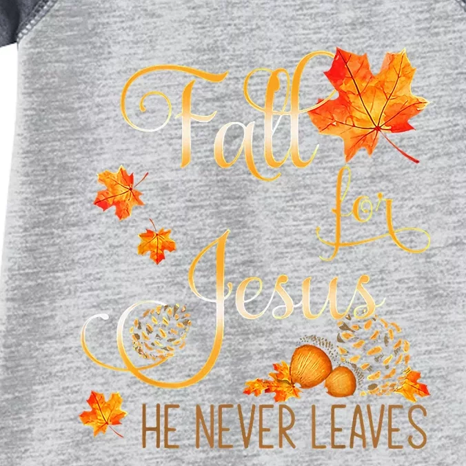 Fall For Jesus He Never Leaves Autumn Christian Prayers Cool Infant Baby Jersey Bodysuit