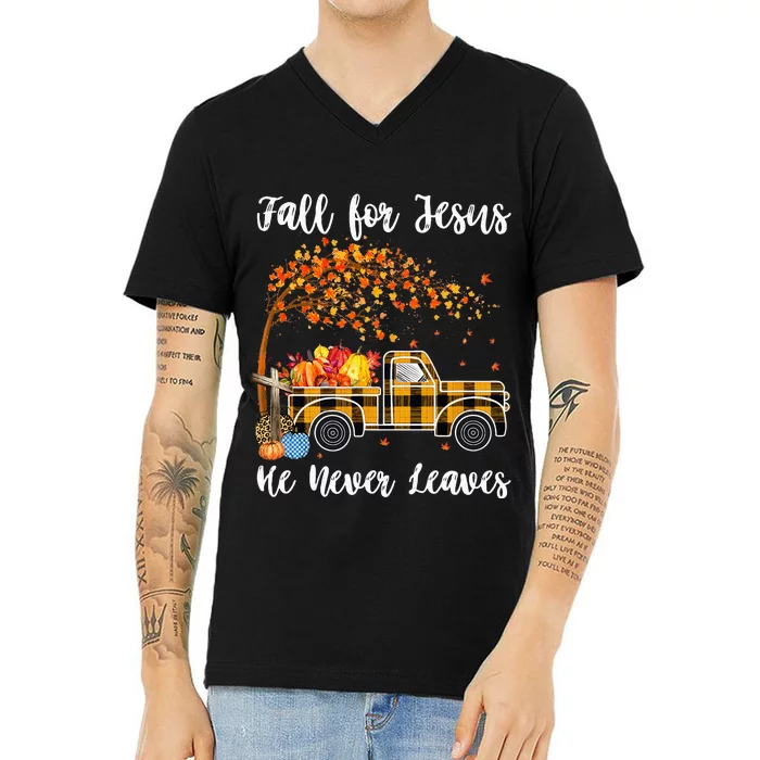 Fall For Jesus He Never Leaves Autumn Thanksgiving V-Neck T-Shirt