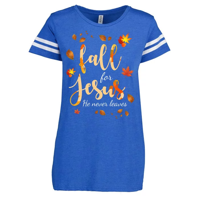 Fall For Jesus He Never Leaves Autumn Enza Ladies Jersey Football T-Shirt