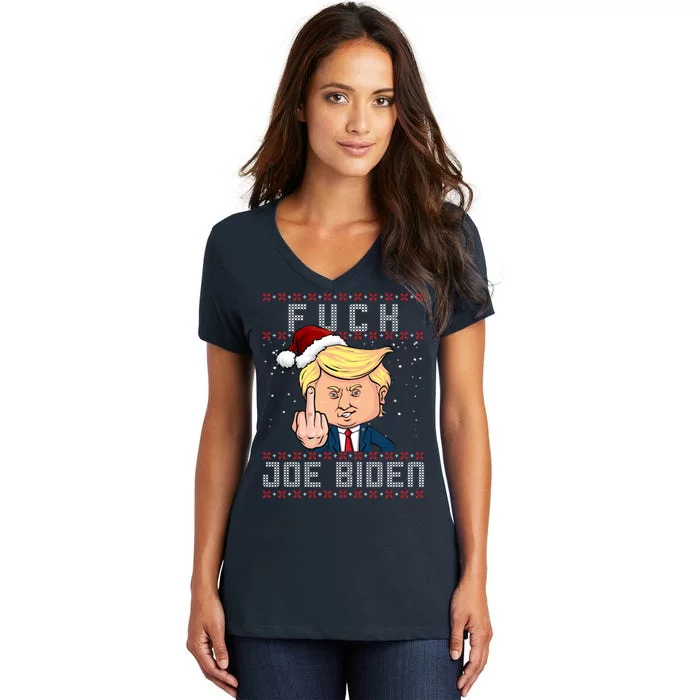 FJB F Joe Biden Trump Middle Finger Ugly Christmas Women's V-Neck T-Shirt