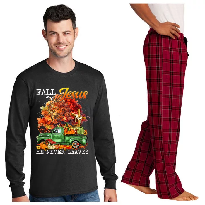 Fall For Jesus He Never Leaves Autumn Christian Cross Faith Long Sleeve Pajama Set