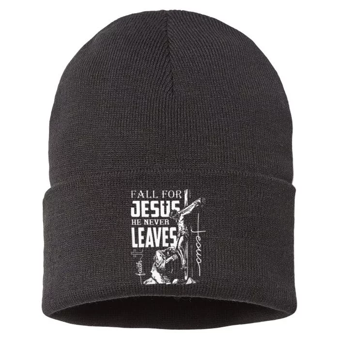 Fall For Jesus He Never Leaves Christian Thanksgiving Sustainable Knit Beanie