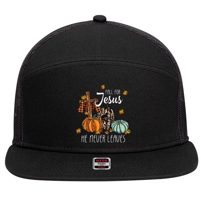 Fall For Jesus He Never Leaves Pumpkin Autumn Thanksgiving 7 Panel Mesh Trucker Snapback Hat