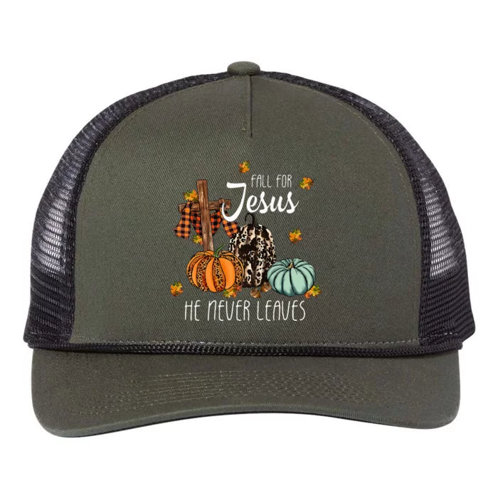 Fall For Jesus He Never Leaves Pumpkin Autumn Thanksgiving Retro Rope Trucker Hat Cap