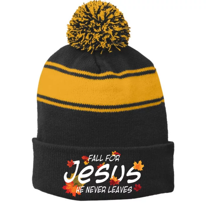 Fall For Jesus He Never Leaves Christian Halloween Stripe Pom Pom Beanie