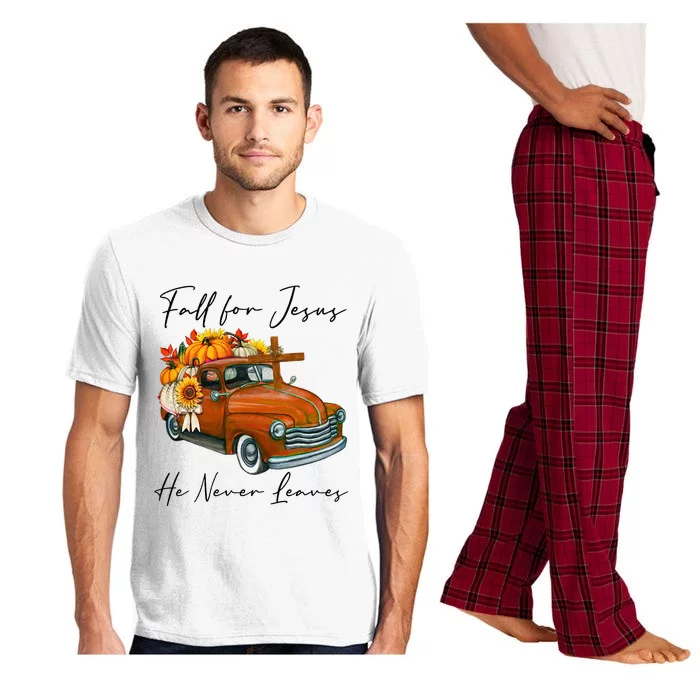 Fall For Jesus He Never Leaves Pumpkin Truck Autumn Season Pajama Set