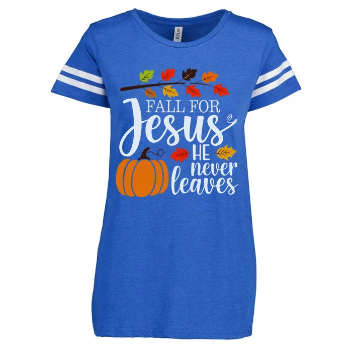 Fall For Jesus He Never Leaves Enza Ladies Jersey Football T-Shirt