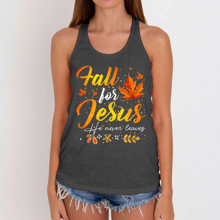 Fall For Jesus He Never Leaves Funny Autumn Christian Prayer Women's Knotted Racerback Tank