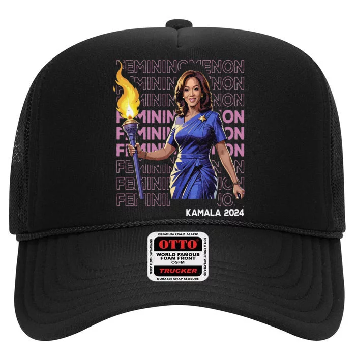 Funny Femininomenon Kamala Harris Retro Madam President 2024 High Crown Mesh Trucker Hat