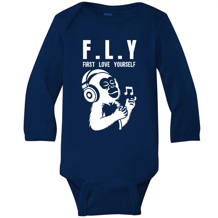 Fly First Love Yourself: Enjoy Music Cute Monkey Gift Baby Long Sleeve Bodysuit