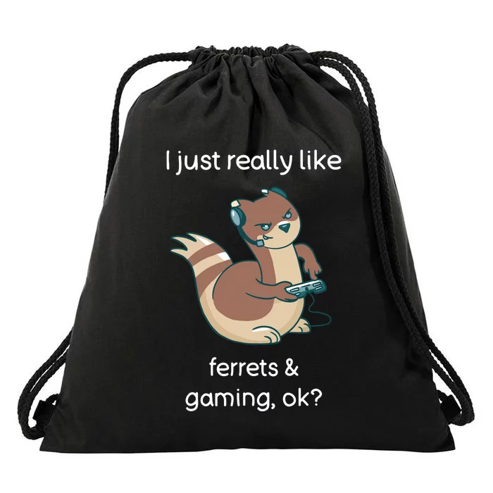 Funny Ferret Lover Gamer I Love Video Gaming Ferret Drawstring Bag