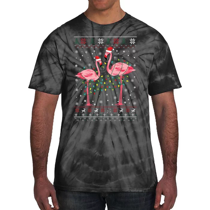 Funny Flamingo Lights Tangled Ugly Sweater Christmas Animals Tie-Dye T-Shirt