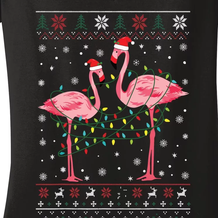 Funny Flamingo Lights Tangled Ugly Sweater Christmas Animals Women's V-Neck T-Shirt