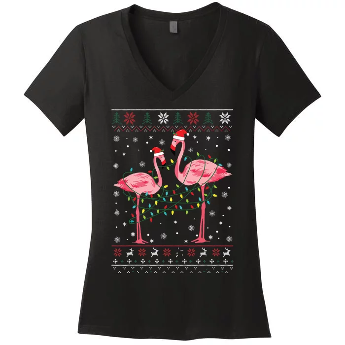 Funny Flamingo Lights Tangled Ugly Sweater Christmas Animals Women's V-Neck T-Shirt