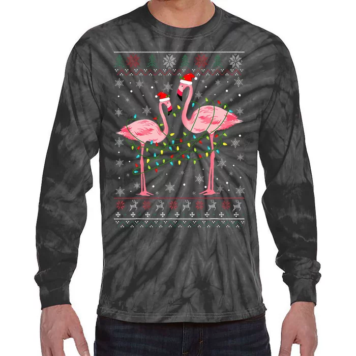 Funny Flamingo Lights Tangled Ugly Sweater Xmas Tie-Dye Long Sleeve Shirt