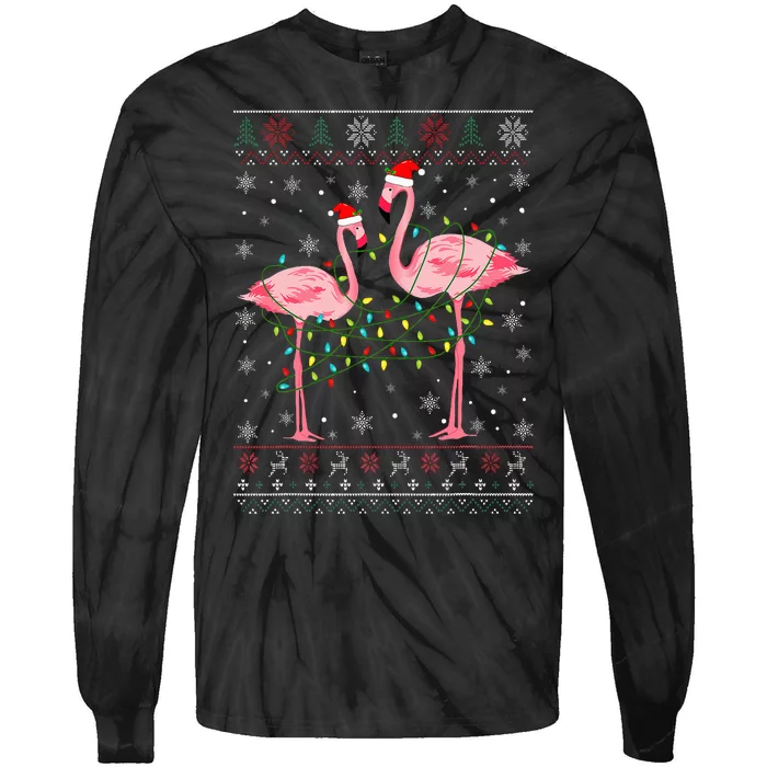 Funny Flamingo Lights Tangled Ugly Sweater Xmas Tie-Dye Long Sleeve Shirt