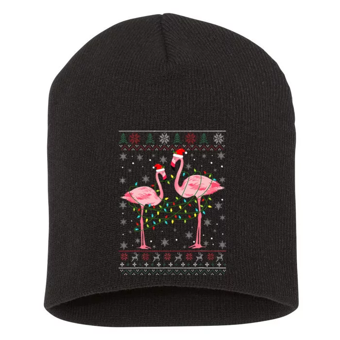 Funny Flamingo Lights Tangled Ugly Sweater Xmas Short Acrylic Beanie