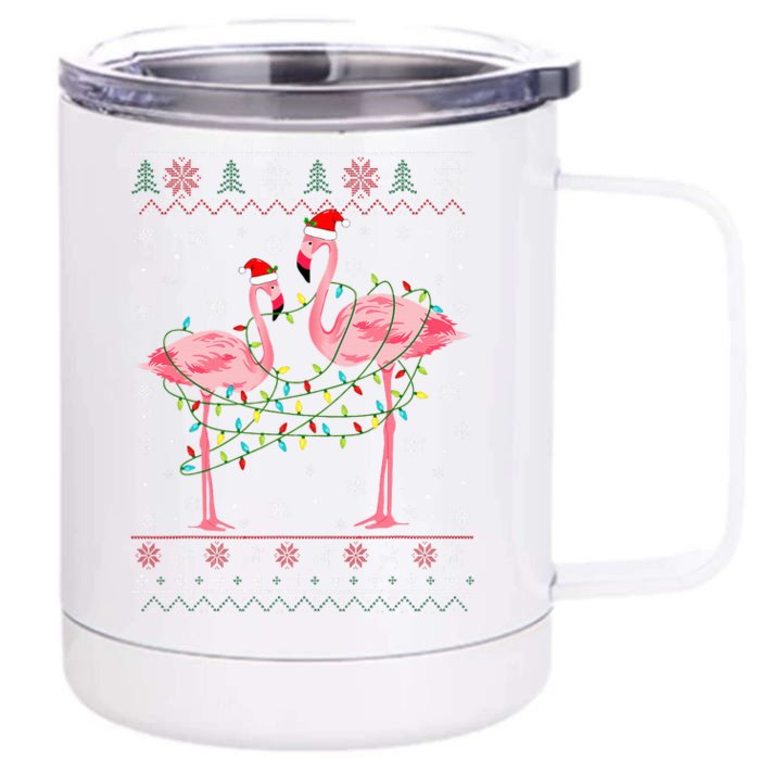 Funny Flamingo Lights Tangled Ugly Sweater Xmas Front & Back 12oz Stainless Steel Tumbler Cup